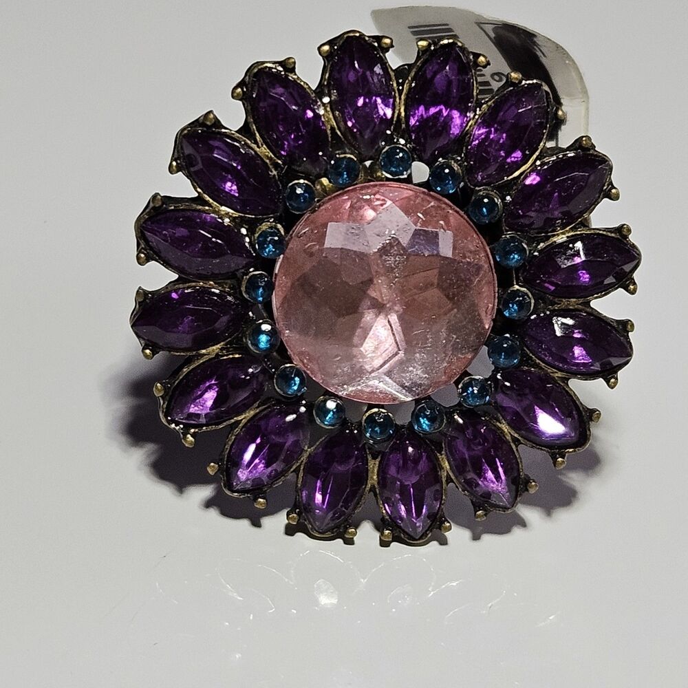 Gold Tone Pink Purple Blue Rhinestone Flower Stretch Ring